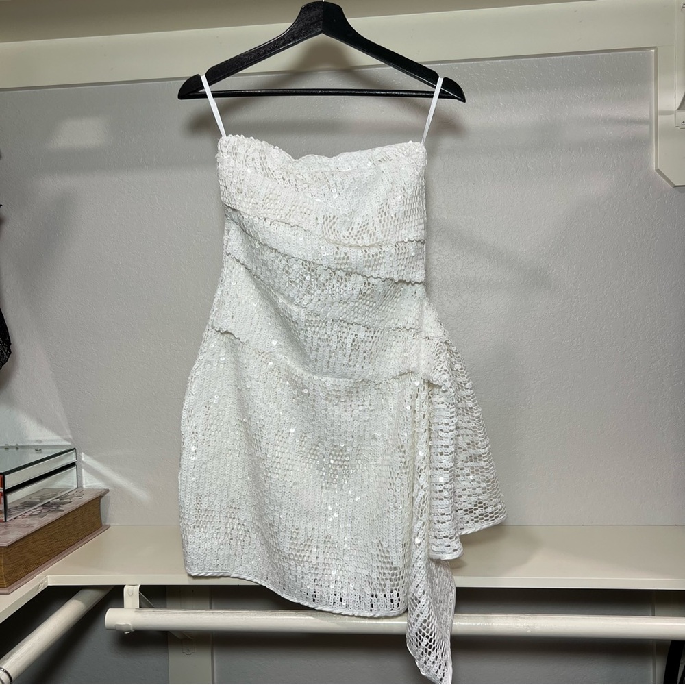 Sequin White Mini Dress with Draped Overlay